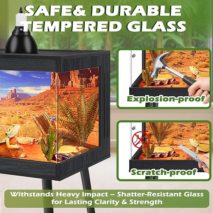 ROYXEN Bearded Dragon Tank with Leg Stand,Tempered Glass Reptile Tank with Metal Mesh Top, 3-Side Clear Anti-Scratch Glass Lizard Tank,Snake Tank for Reptile Habitat (Black, 62Gallons,40" Length)
