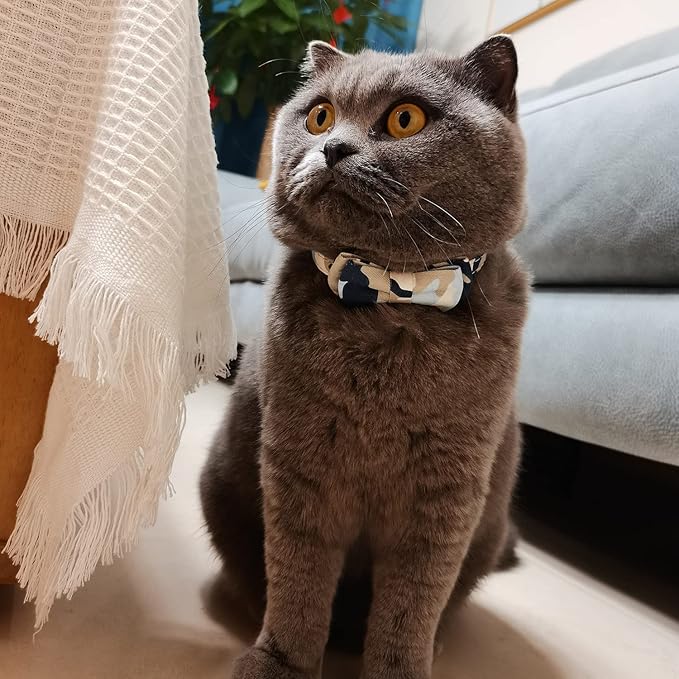 Cat Collar Breakaway with Bell and Bow Tie, Plaid Design Adjustable Safety Kitty Kitten Collars(6.8-10.8in)（Camo 3）