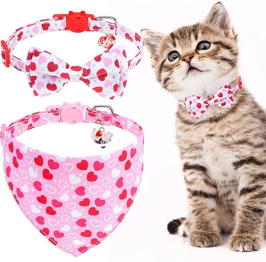 EXPAWLORER Valentines Cat Collar Breakaway with Bells - 2 Pack Holiday Cat Collars with Removable Bow Tie and Bandana, Adjustable Valentines Day Pet Collar for Cats Kittens, Pink Heart