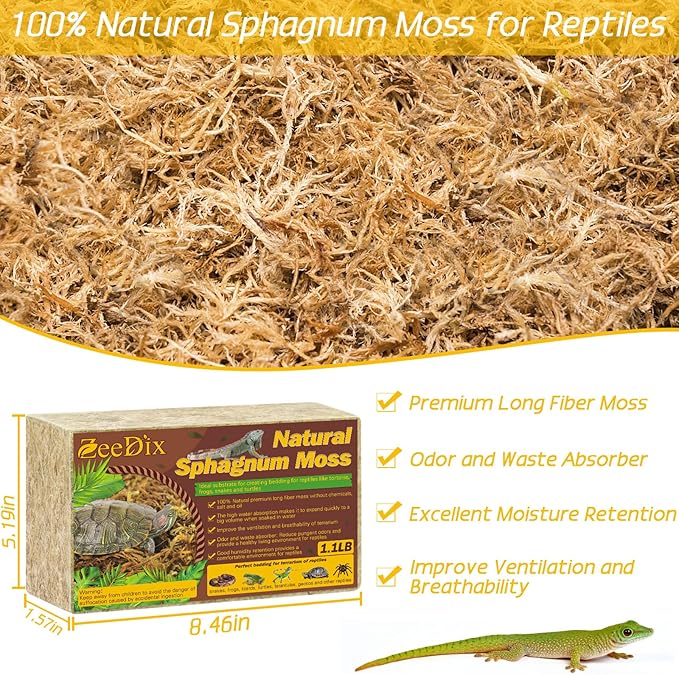 ZeeDix 1.1LBS Sphagnum Moss for Reptiles, 25QT Premium Dried Moss for Terrarium Long Fibered Leopard Gecko Moss Natural Sphagnum Peat Moss Bedding for Frogs Anoles Snake Turtle Plants