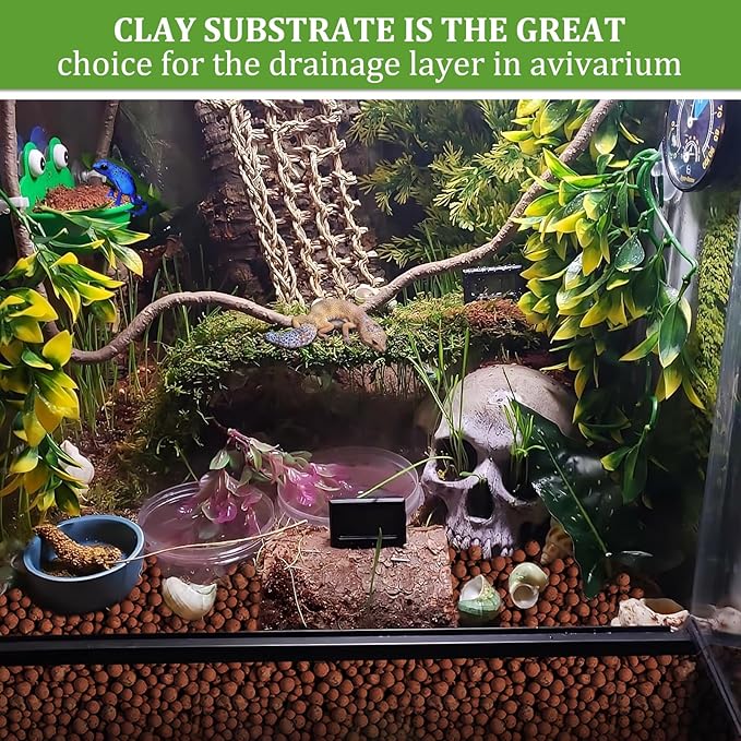 Riare 2LBS Expanded Clay Balls Terrarium Substrate for Reptiles - 100% Organic Lightweight Clay Pebbles Substrate Frogs False Bottom Substrate, Bioactive Terrarium Substrate for Drainage and Moisture