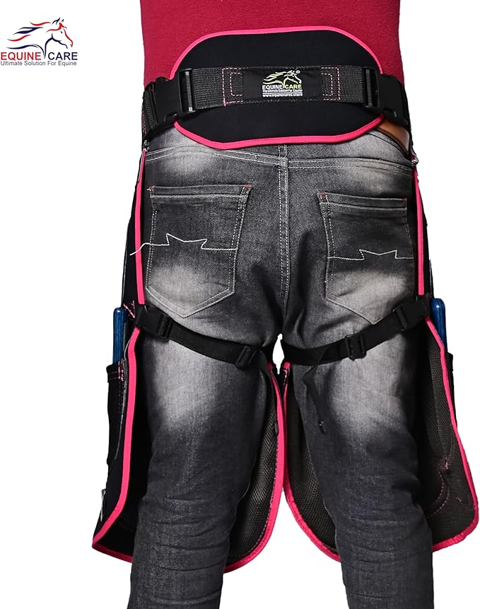 Equine Care Women’s Farrier Apron Chaps 23″ – Leather & Canvas, Adjustable 28–52″ Waist, EVA Padded Knees, Lumbar Support, 4 Knife Pockets & Nail Magnets for Hoof Trimming (Black with Pink Piping)