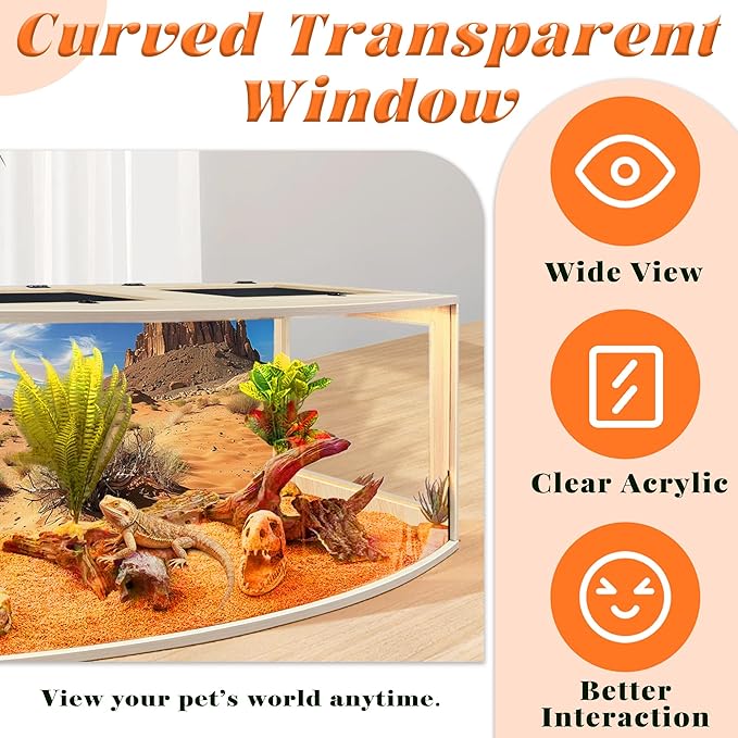 PROLEE Bearded Dragon Tank, Curved Reptile Enclosure with 3-Side Clear Acrylic Panels, Spacious Lizard Tank with Metal Mesh Top and Lockable Door for Reptile Habitat (Oak, 40" Length,60 Gallons)