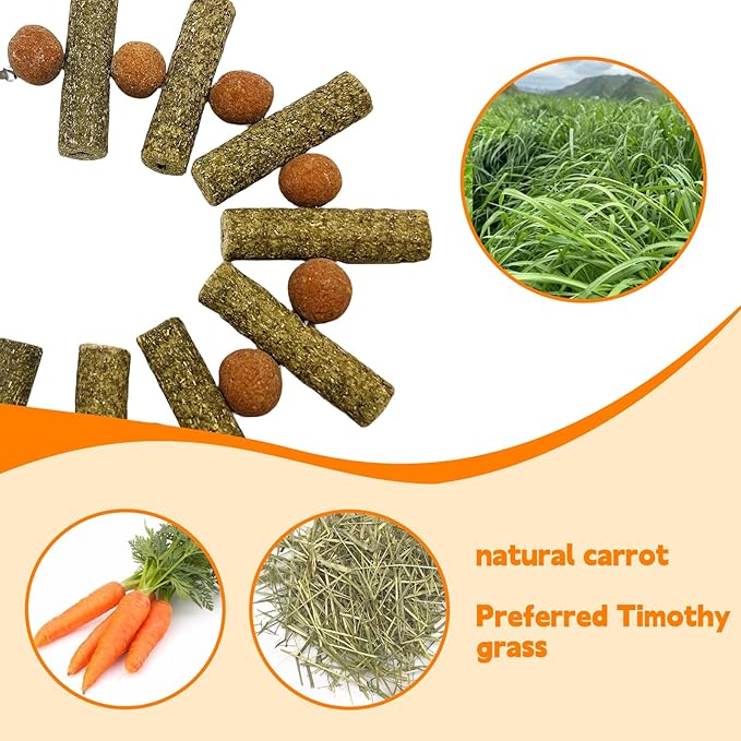 3Pcs Bunny Chew Toys for Teeth Bunny Hanging Grinding Cake Natural Sweet Bamboo Sticks Timothy Hay&Carrot Cake for Rabbit Guinea Pig Chinchilla Gerbil Improve Dental Health