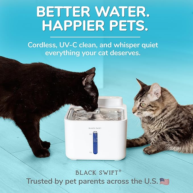 BLACK SWIFT UV Cat Water Fountain Stainless Steel – 108oz / 3.2L, BPA-Free, Battery Operated Pet Fountain with Motion Sensor, Quiet Pump & 4-Stage Filter – 10 Filters Included