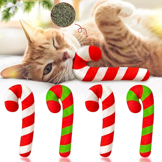 MALLMALL6 4Pcs Christmas Candy Cane Catnip Toys Gift for Cat, Indoor Kitten Chew Bite Kick Catmint Pet Toys Supplies for Cat Lover Xmas Gifts, Cute Interactive Kitty Toy for Pet Presents