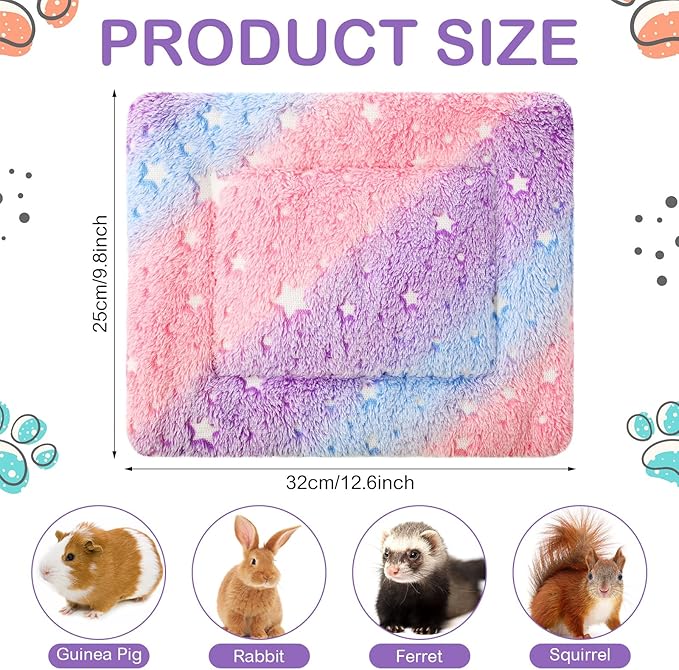 Haull 4 Pcs Waterproof Guinea Pig Bedding Winter Guinea Pig Bed Plush Cage Liners Soft Dog Cat Mat Reversible Winter Cozy Animal Pee Pad Hamster Bed Mat for Bunny(Colorful Star,13 x 10 Inch)