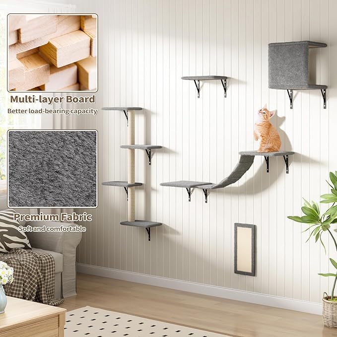 COZIWOW Wall Mounted Cat Furniture, Cat Wall Shelves and Perches, Floating Cat Shelves for Wall Set of 5 (Grey)