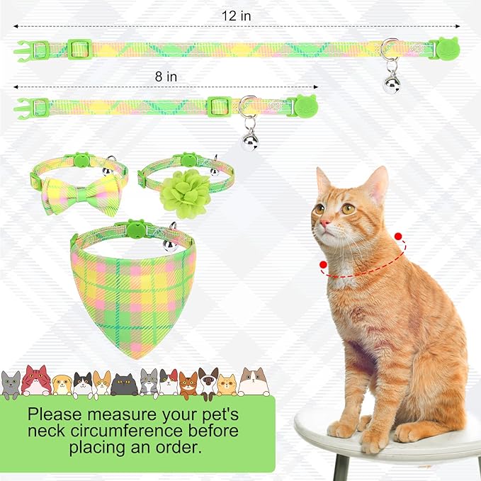 Breakaway Cat Collars with Bell & Cute Pendants - 3 Pack Adjustable Safety Kitten Collars - Decoration for Girl Boy Cats Puppy and Small Pets (Style C - Green Plaid)
