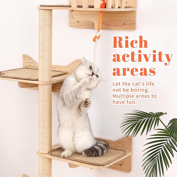 Wall Mounted Cat Tree - 7 PCS Cat Wall Shelves & Perches with Tall Sisal Scratching Posts, Wall Mount Cat Climbing Tree & Space-Saving Furniture for Indoor Cats to Climb, Scratch & Lounge