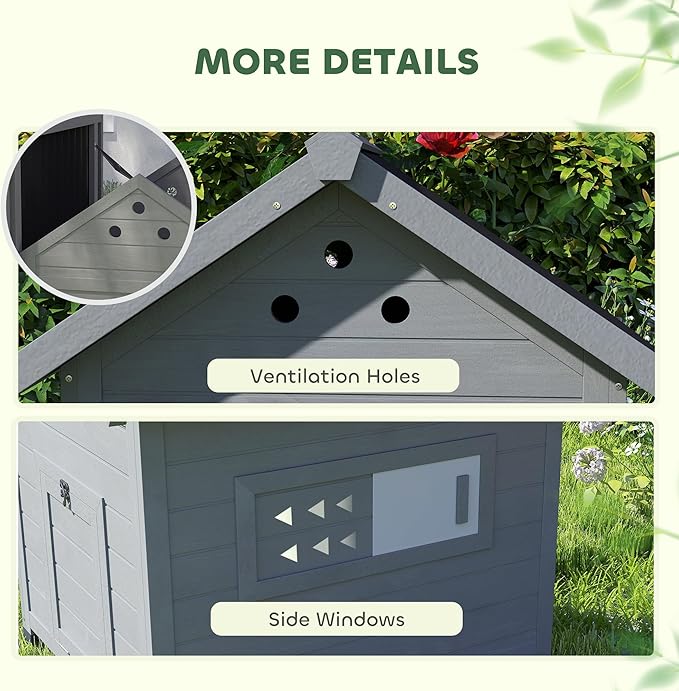PawHut Duck Coop, Wooden Duck House, Outdoor Small Animal House with Openable Roof, Double Doors, Removable Base for 1-3 Ducks, Light Gray