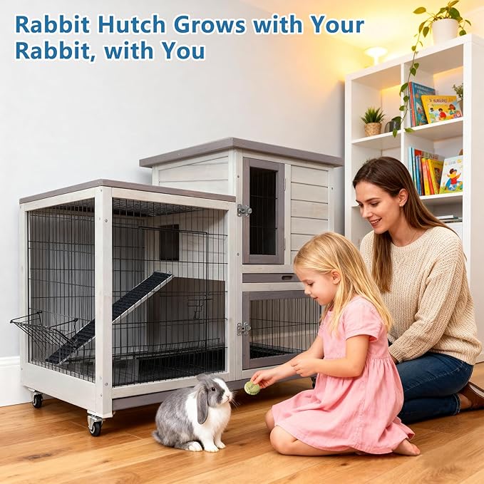 Rabbit Hutch Indoor Outdoor Bunny Cage with Urine Guards 2 Storey Mobile Guinea Pig Cage Weatherproof Asphalt Roof Wire Bottom 2 Trays