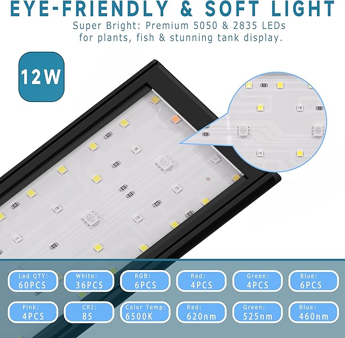 24/7 Mode LED Aquarium Light for 12-18 Inch Plant & Fish Tank, IP68 Full Spectrum Light, Sunrise-Daylight-Moonlight, White Red Green Blue Pink LEDs with Extendable Brackets for Freshwater