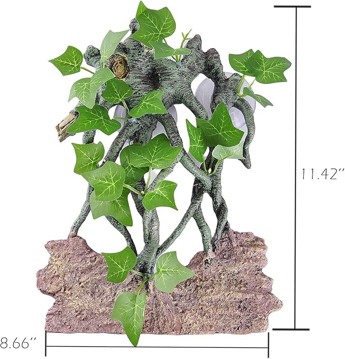 IBWell Resin Reptile Corner Branch with Rock, Amphibian Lizard Snake Climbing Ornament, Lifelike Terrarium Plant Decoration with Suction Cup