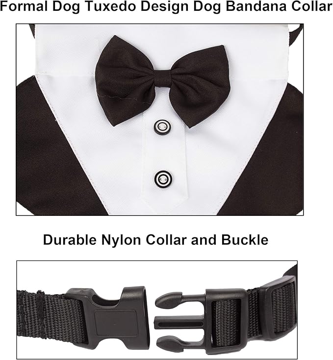 ADOGGYGO Formal Dog Tuxedo Wedding Puppt Bandana Collar with Bow Tie, Adjustable Pet Bowtie Collar Bandana for Small Dogs (Small)