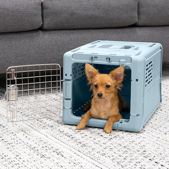 SportPet Designs Collapsible X-Small Pet Travel Carrier (Blue), Hard-Sided Kennel for Small Dogs, Puppies, Cats, Kittens, Animals up to 20lbs, Washable Home & Outdoor Pet Crate, 19.6"L x 13.5"W x 12"H