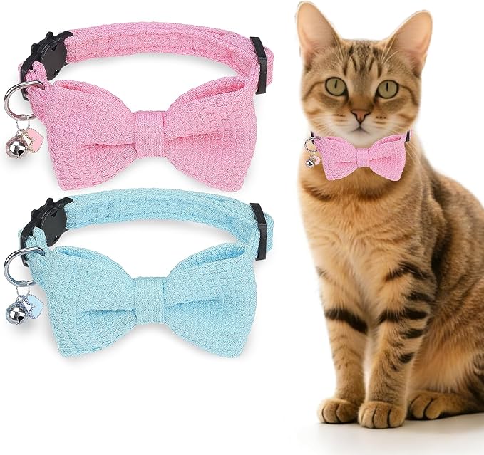 Cat Collar Breakaway with Bells, Soft Cotton Pink Cat Bowtie Collar for Girl Cats, Small Cats Collar with Bow for Spring Summer, 2 Pack Cute Kitten Collars with Removable Bowtie 8-12Inch
