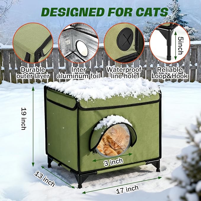 Outdoor Heated Cat House in Winter for Outside, Extremely Insulated & Weatherproof, Elevated Feral Cat Shelter with Waterproof Eaves & Escape Door for Outside Stray Barn Cat Green