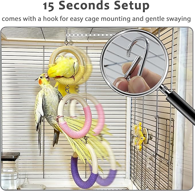 3-Ring Bird Swing Toy, Wrapped with Cotton Rope for Parrots Soft Grip, Thick Wood Parakeet Swing Perch for Cage, Hanging Climbing Bird Toys for 2-3 Parrots Budgies, Lovebirds, Cockatiels