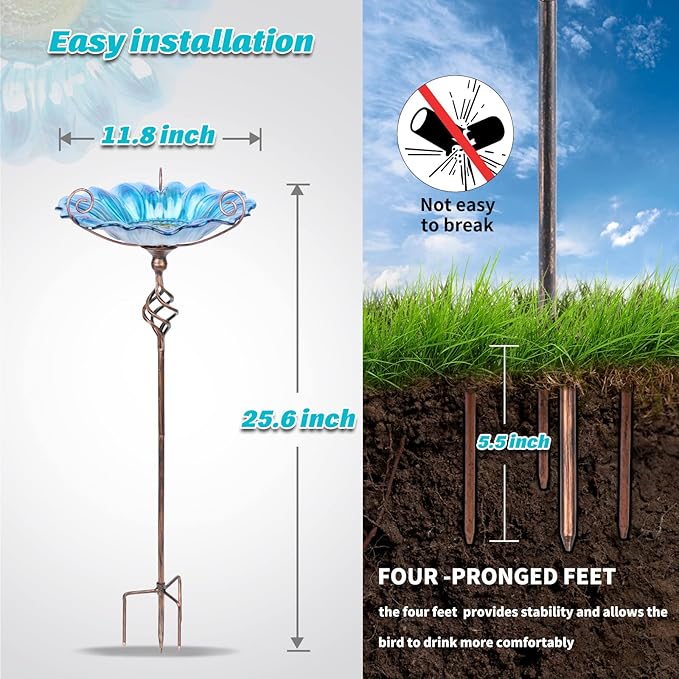 MUMTOP Bird Baths for Outdoors, Outdoor Bird Bath,Glass Birdbath Sunflower Bird Feeders Bowl with Stake for Garden Yard Decor (Blue)