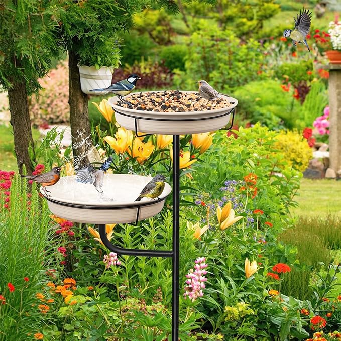 Freestanding Birdbaths Bowl Outdoor, Free Standing Garden Bird Bath Bird Feeder & Bird Bath Bowl, Detachable Decoration Spa Birdfeeder for Garden Patio Yard Lawn, 4 Spiky Metal Stake (White)