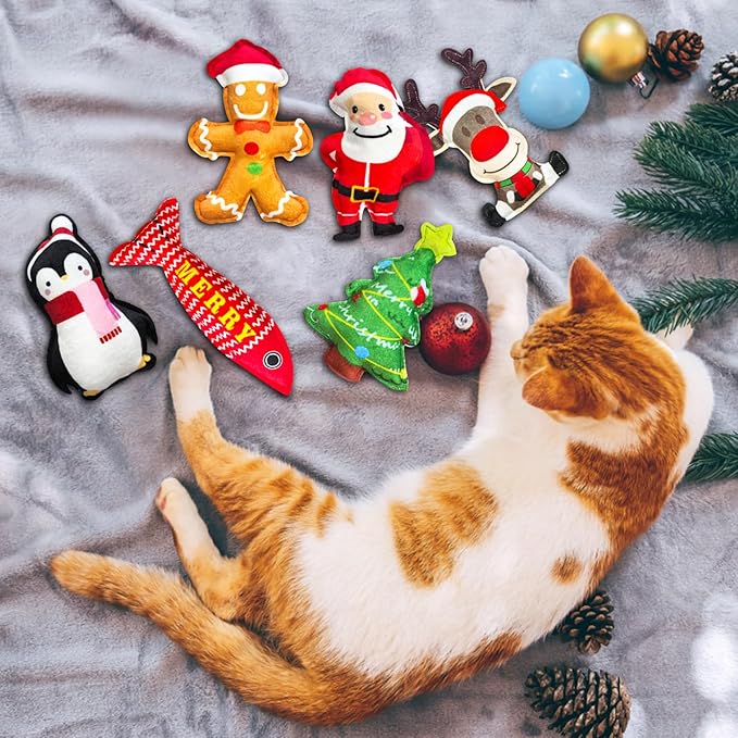 Idepet 6 Pcs Christmas Cat Toys Catnip Xmas Plush Santa Claus Tree Interactive Chew Bite Crinkly Sound Toys for Indoor All Breeds Cats Exercise ﻿