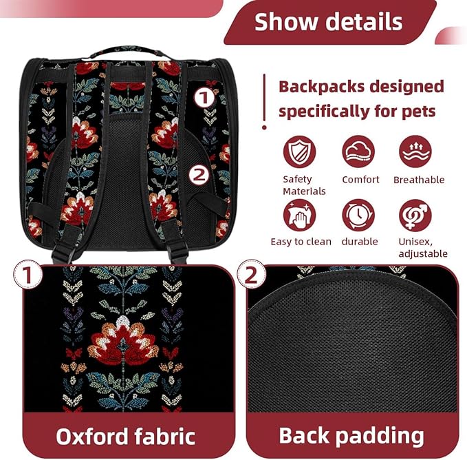 Portable Travel pet Backpack Carrier Hamster Bag Small Dog cat Carrier Breathable Hang Bag, Motifs African Boho Paisley Floral (22)