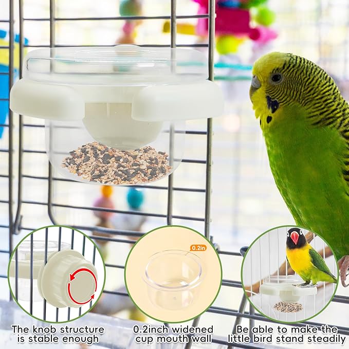 PINVNBY 4 PCS Birds Cage Feeders with Clamp, Easy to Install Feeding Dish Cups Small-Sized Bird Bowls Transparency Parakeet Feeder for Finches Lovebirds and Long-Tailed Parrots （White）