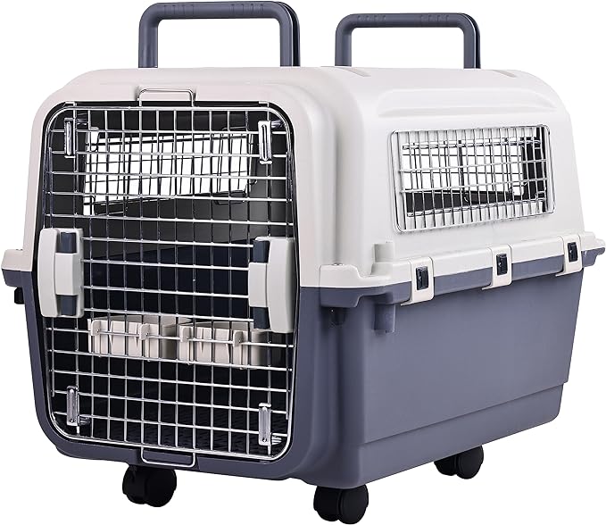 Elevon Plastic Kennels Pet Carrier Rolling Plastic Airline Approved Wire Door Travel Dog Crate, Medium (26.5" L x 20" W x 18.8" H)