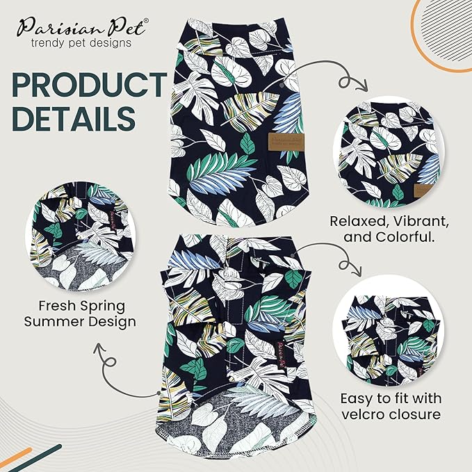 Parisian Pet Palm Leaves Dog Shirt - 100%Cotton Summer Clothes - Stylish Beach Outfit - Hook and Loop Closure - Machine Washable for Medium Dogs - M