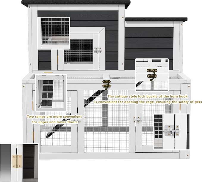 Outdoor Bunny Cage 2-Tier Rabbit Hutch & Chicken Coop with Wire Run, Wooden Poultry House with Pull-Out Tray, Waterproof Rabbit Hutch for Outside (White & Black)