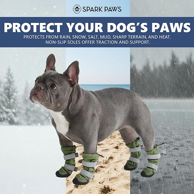 Spark Paws Dog Shoes, Waterproof Dog Boots for Medium to Large Dogs, Non Slip, Breathable Dog Booties and Paw Protectors - 4PCS Doggie Hiking Boots with Reflective Straps - Green, Size 5