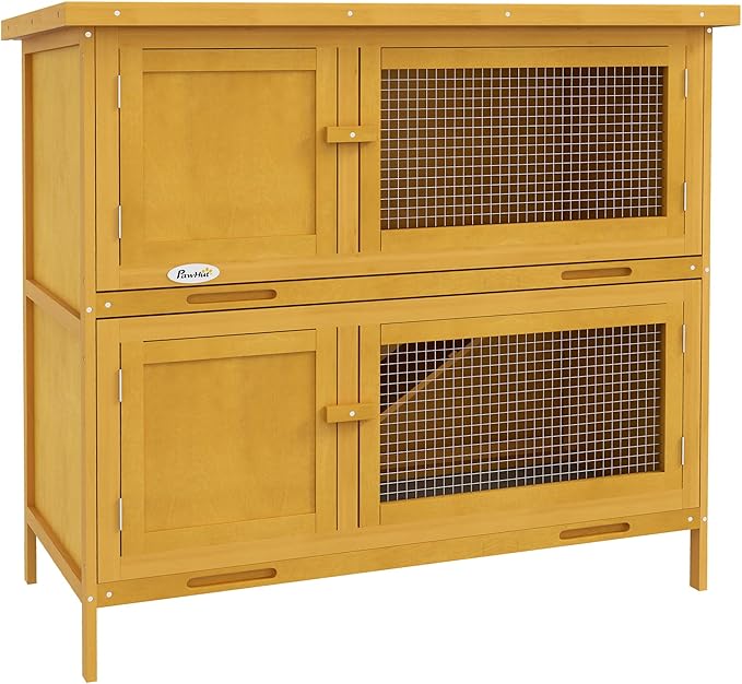 PawHut Wooden Bunny Rabbit Hutch, Small Animal Habitat with Ramp, Removable Tray & Weatherproof Roof, for Rabbits, Chickens, Ducks, Indoor/Outdoor, Yellow