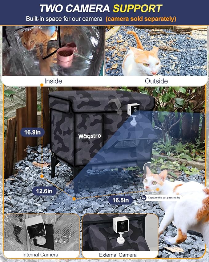 Heated Cat House for Outside, Insulated Weatherproof Heated Outdoor Cat House with Waterproof Eaves & Escape Door, Elevated Outdoor Cat Shelter for Feral Stray Cat (Black Camo, 16.5"x13"x16.9")