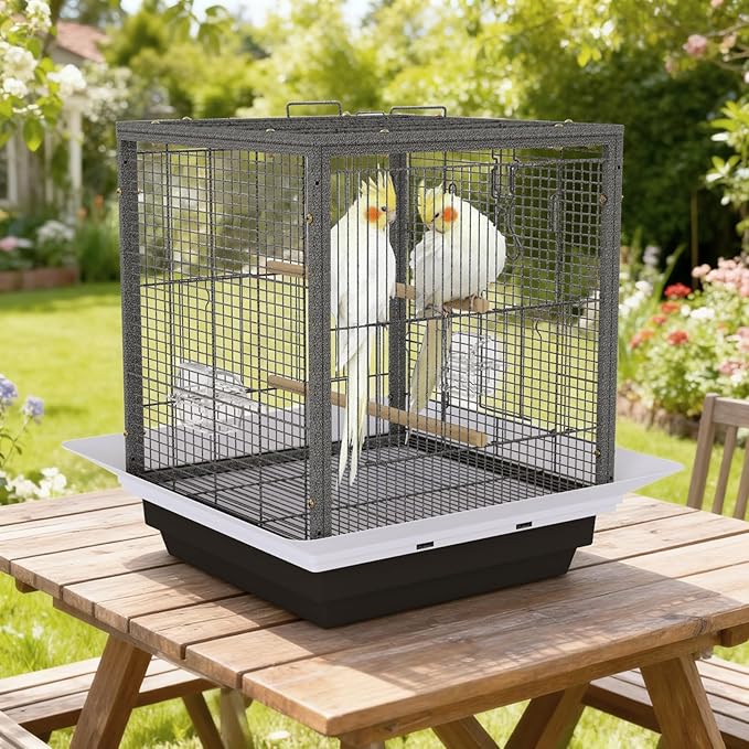 GarveeHome Small Bird Cage with Wheels, Parakeet Cage, Bird Carrier for Parakeets, Canaries, Lovebirds, Small Quaker, Cockatiels, Budgie, Green Cheek (20in Hammertone Black)