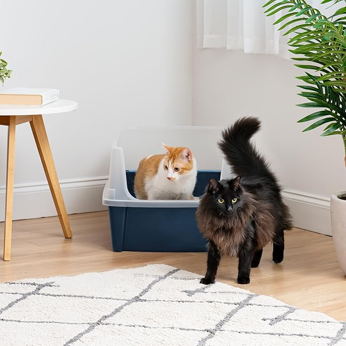 Bundle of IRIS USA 2 Pack XX-Large Cat Litter Boxes with Scatter Shield and Scoop, Open Top High Sided Cat Litter Pan, Black & Navy