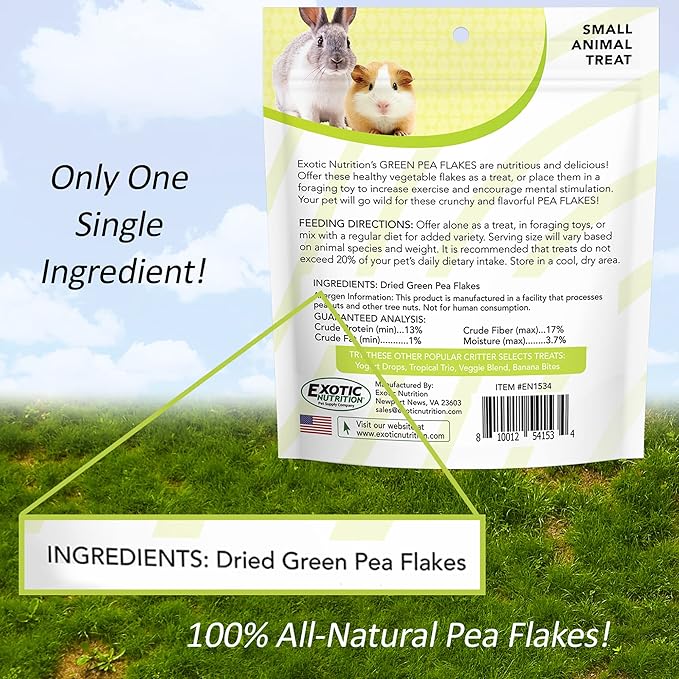 Exotic Nutrition Green Pea Flakes (8 oz.) - Healthy Natural Dried Vegetable Treat - for Rabbits, Guinea Pigs, Hamsters, Chinchillas and Small Pets