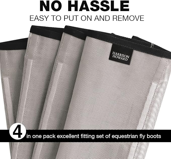 Harrison Howard Loose Fitting Fly Boots UV-Protective Extra Tough Mesh Ventilated Four Fasteners Stay-on Design Protect Horse Legs & Stomp-Reducing Set of 4 Original Grey Large