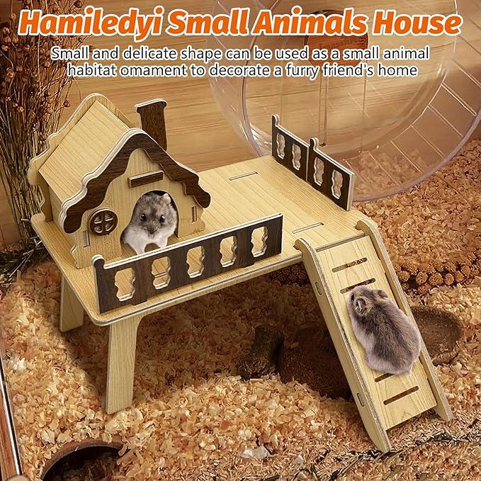 Hamiledyi Wooden Hamster Platform & House Mouse House with Climbing Ladder Cute Habitat Hut Hideout Small Animals Cage Accessories for Dwarf Hamster Mice Gerbil and Other Similar Sized Animals
