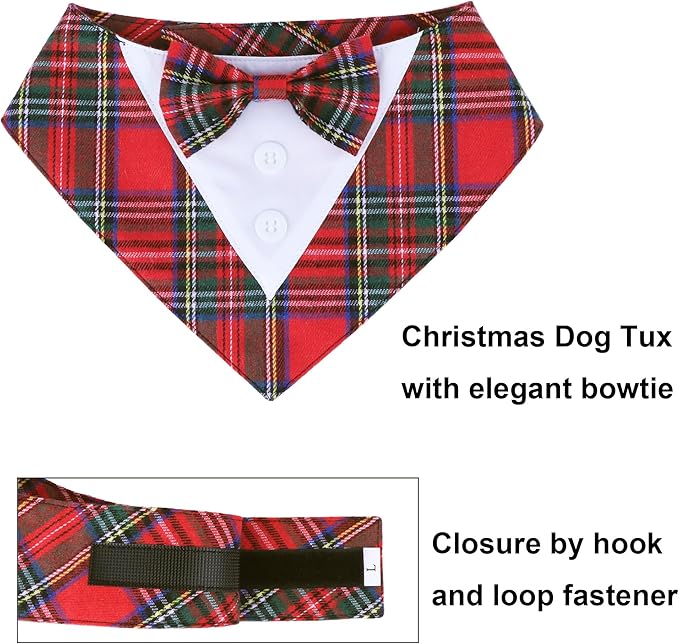 ADOGGYGO Christmas Dog Tuxedo Bandana, Red Plaid Pet Chritstmas Collar with Bowtie, Adjustable Christmas Costume for Large Dogs Pets (L)