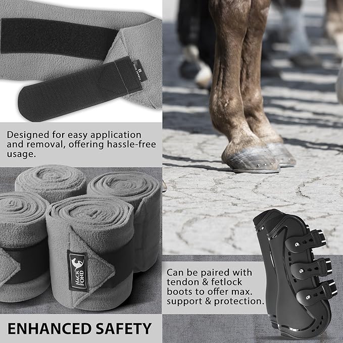 Horse Polo Leg Wraps, 5' Long Fleece Polo Wraps for Horses Set of 4, Horse Leg Bandages Stable Supplies Equestrian Boots Horse Leg Protection Dark Gray
