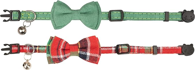 Collar for Cat Pet Breakaway with Bell Bowtie Detachable Bow Adjustable Safety Kitten Puppy Girl Boy 2pcs Christmas-B