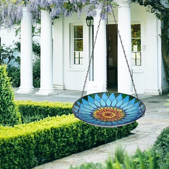 MUMTOP Hanging Bird Bath - Bird Baths for Outdoors, 12 Inch Glass BirdBath Bowl Outdoor BirdFeeders for Garden Yard and Patio Decor