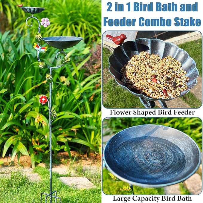 Bird Baths, 58" Tall Bird Bath and Feeder Stake, Standing Bird Baths for Outdoors, Metal Decorative Birdbaths and Feeders Combo for The Garden, 2 in 1 Outside Birdbath with 5-Prong Stake