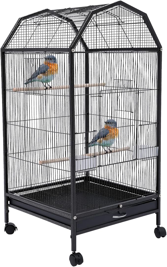 Large Bird Cage with Stand, “18 x 18 x 40” Black Metal Flight Bird Cage for Parrots, Cockatoos, Parakeets, and Small Birds, 5 Doors and Wheels, Includes Feeding Cups
