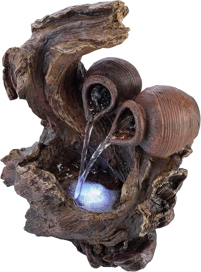 Alpine Corporation 14" Tall Indoor Tabletop Two Jars on a Tree Branch Fountain with LED Lights