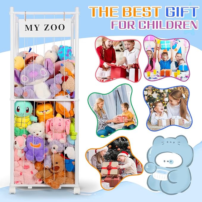 Stuffed Animal Storage Zoo with Wheels, Wooden Stuffed Animal Organizer with Elastic Cords, Space Saving Toy Plushies Storage Holder for Playroom, Bedroom, Living Room(White, Large)