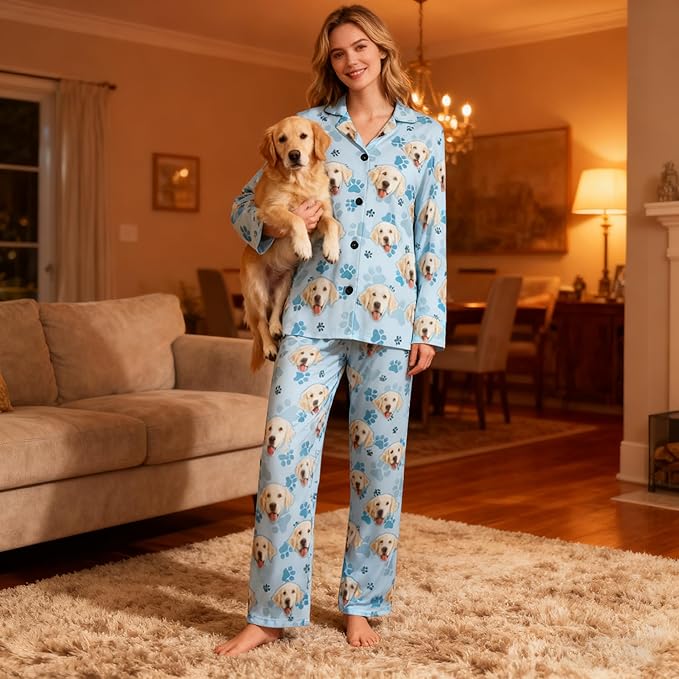 D-Story Personalized Pajamas with 1-8 Faces for Women Men, Custom Christmas Pjs, Pajamas Gifts For Family,Cat Mom,Dog Mom