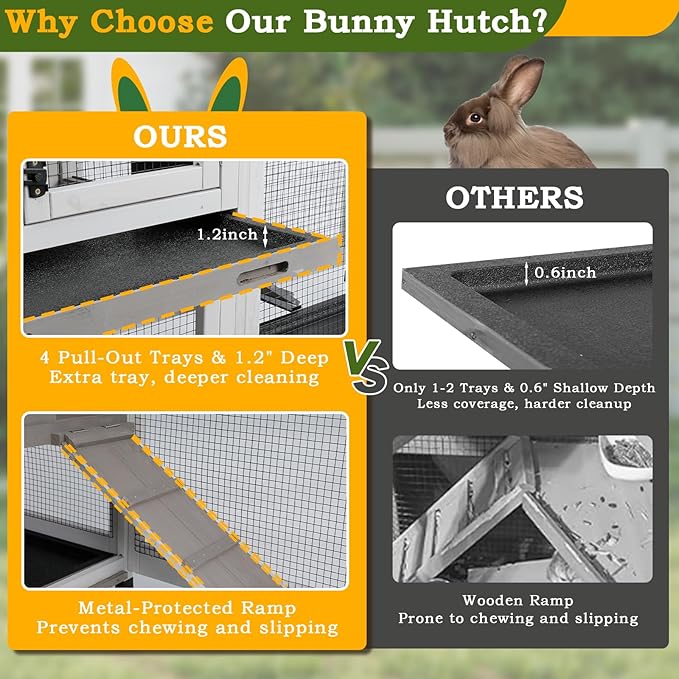 PetsCosset Double Rabbit Hutch Outdoor Indoor Large Bunny Cage with Dual Side Runs, 2-Story Wooden Hutch with 4 Leak Proof Trays, 8 Wheels, Waterproof Roof, Ramp, for Small to Medium Animals
