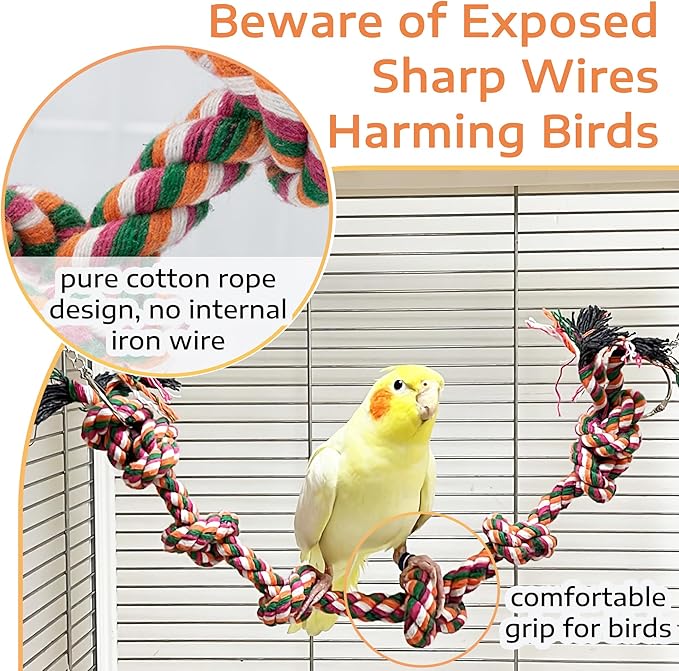 Bird Rope Perch & Swing Toy, Sturdy Knotted Parrot Cotton Rope with Chains, Parakeet Swing Perch Bird Cage Accessories Toy, No Sharp Wires for Budgie Cockatiel Safe Claw and Balance Training